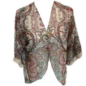 Deb sheer silky polyester boho kimono shawl wrap cardigan w/ crochet S